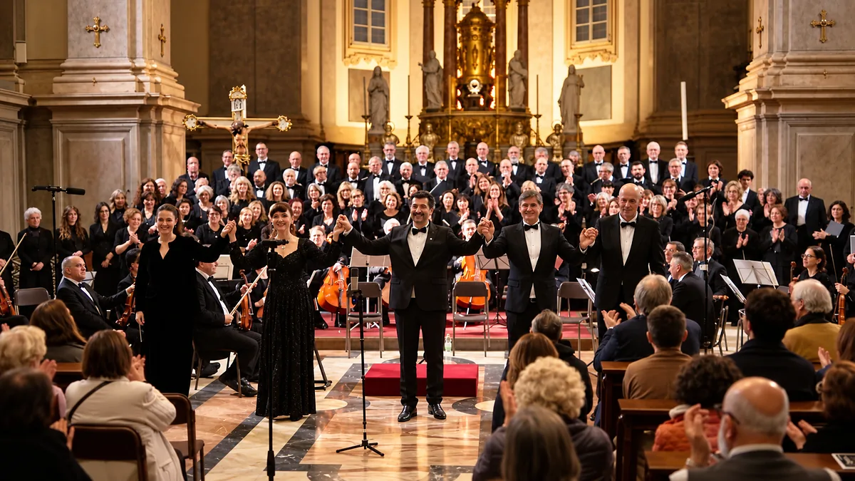Il direttore e i solisti salutano il pubblico, con coro e orchestra alle spalle
