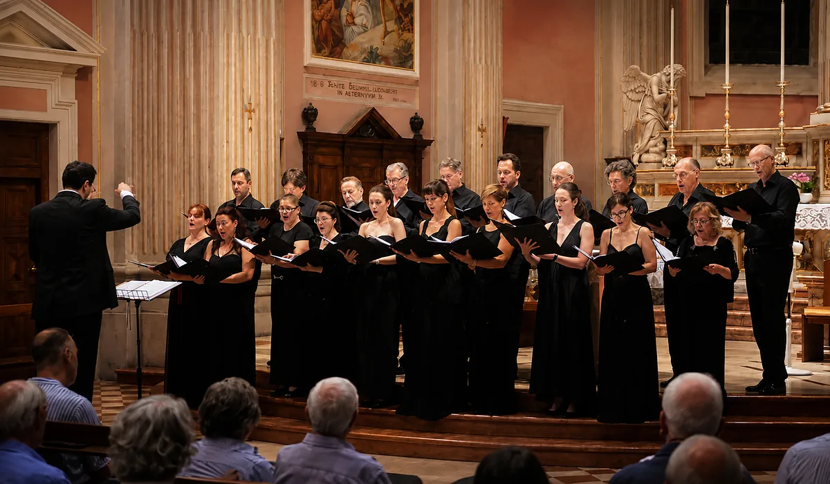 Il M° Cavallaro guida il coro durante il concerto di Robecco sul Naviglio