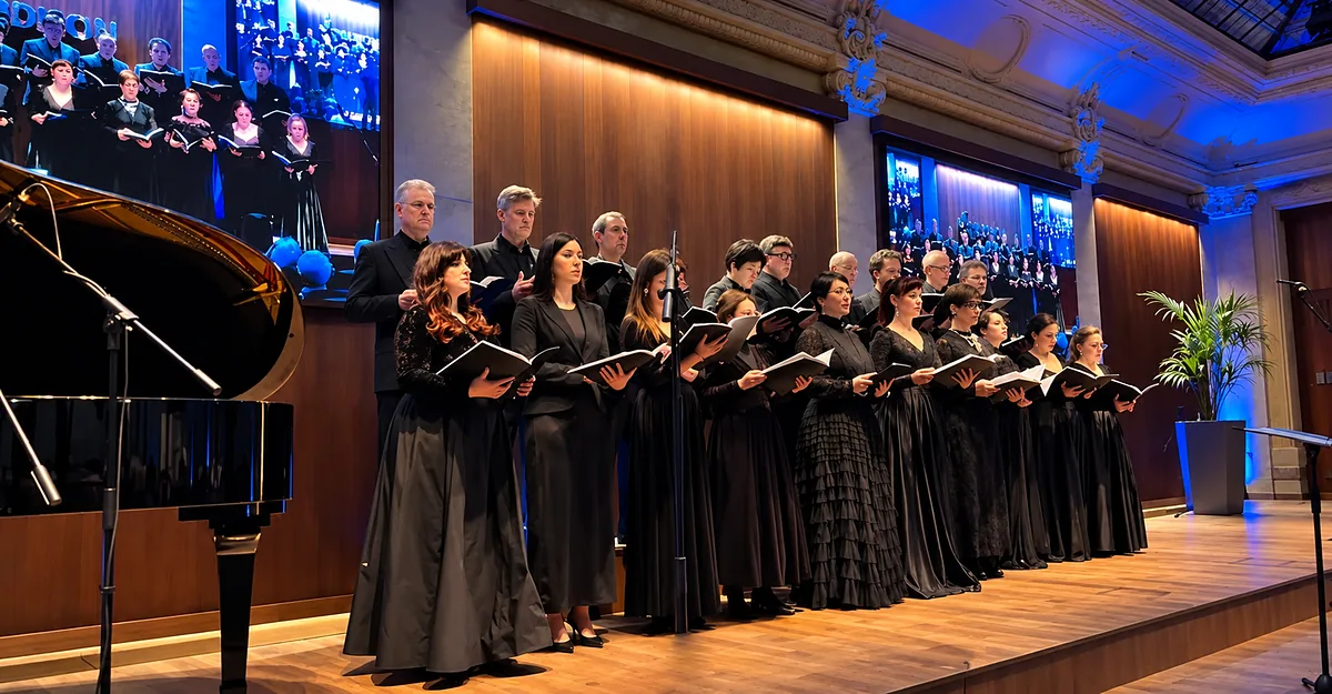 Il coro in abito da sera sul palco della Sala degli Azionisti di Palazzo Edison, accanto al pianoforte a coda